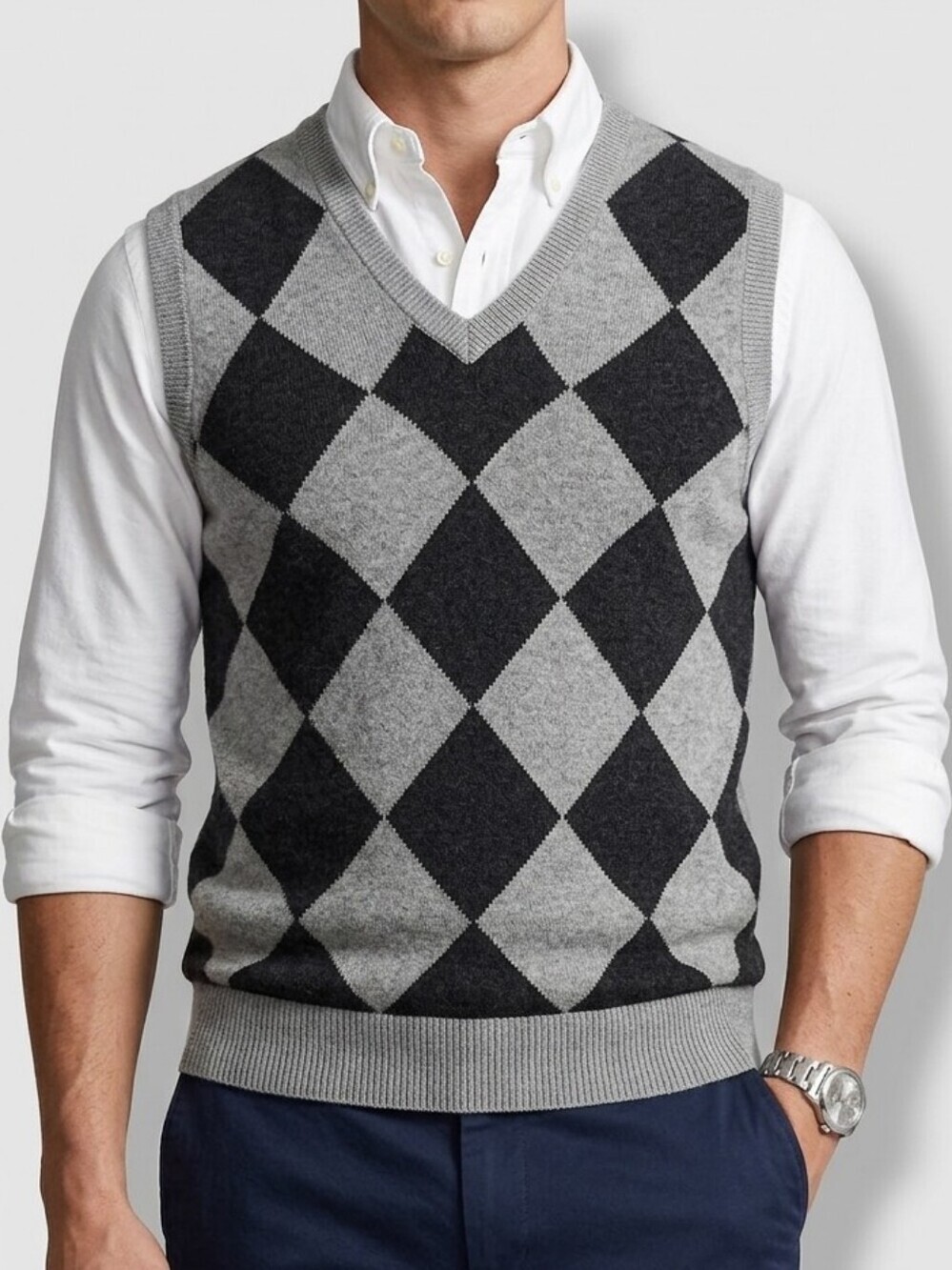 Forever 21 Men's V-Neck Argyle Sweater Vest - Black & Grey